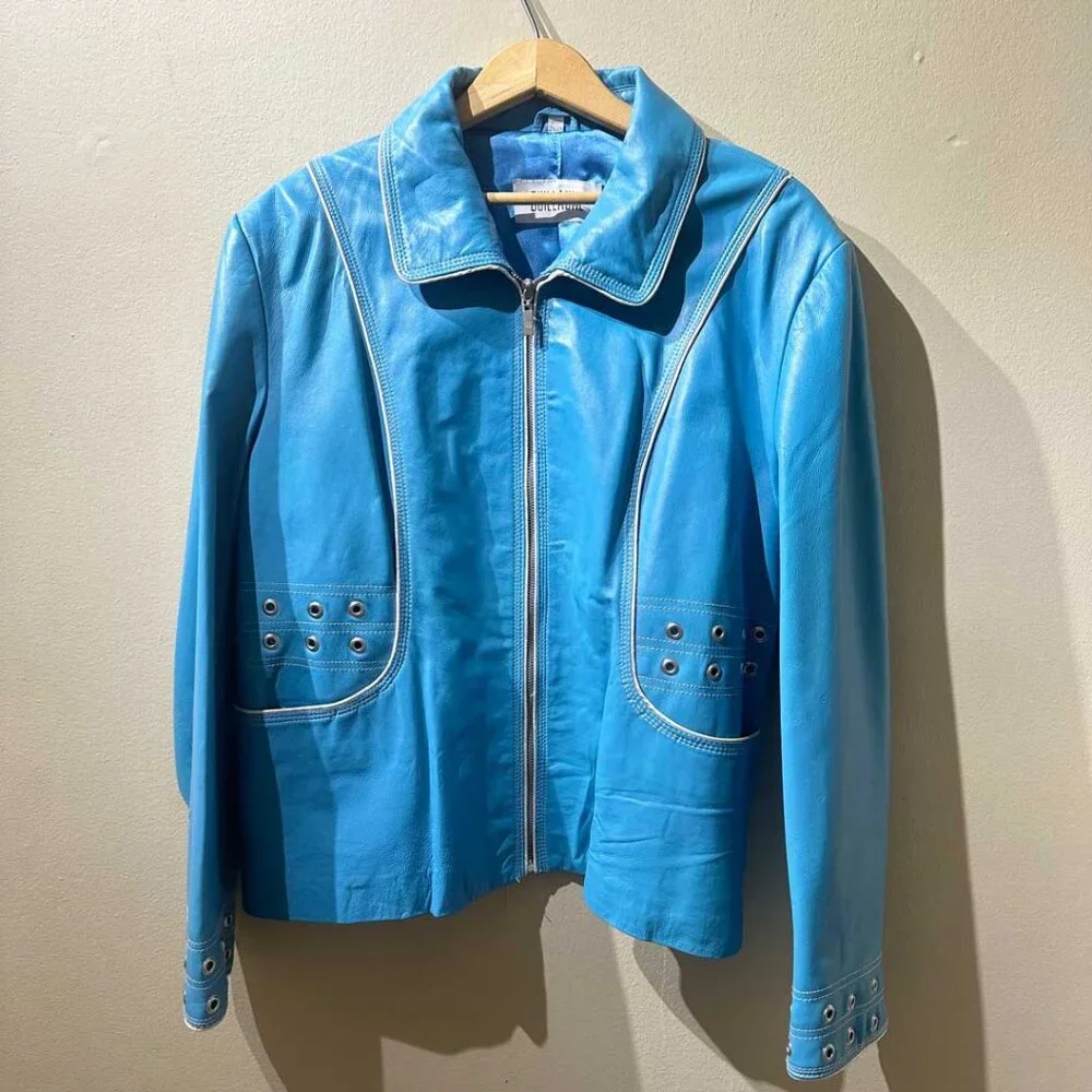 Perfect Grommeted Blue Leather Guillaume Jacket - Size 2X - Picture 4 of 14
